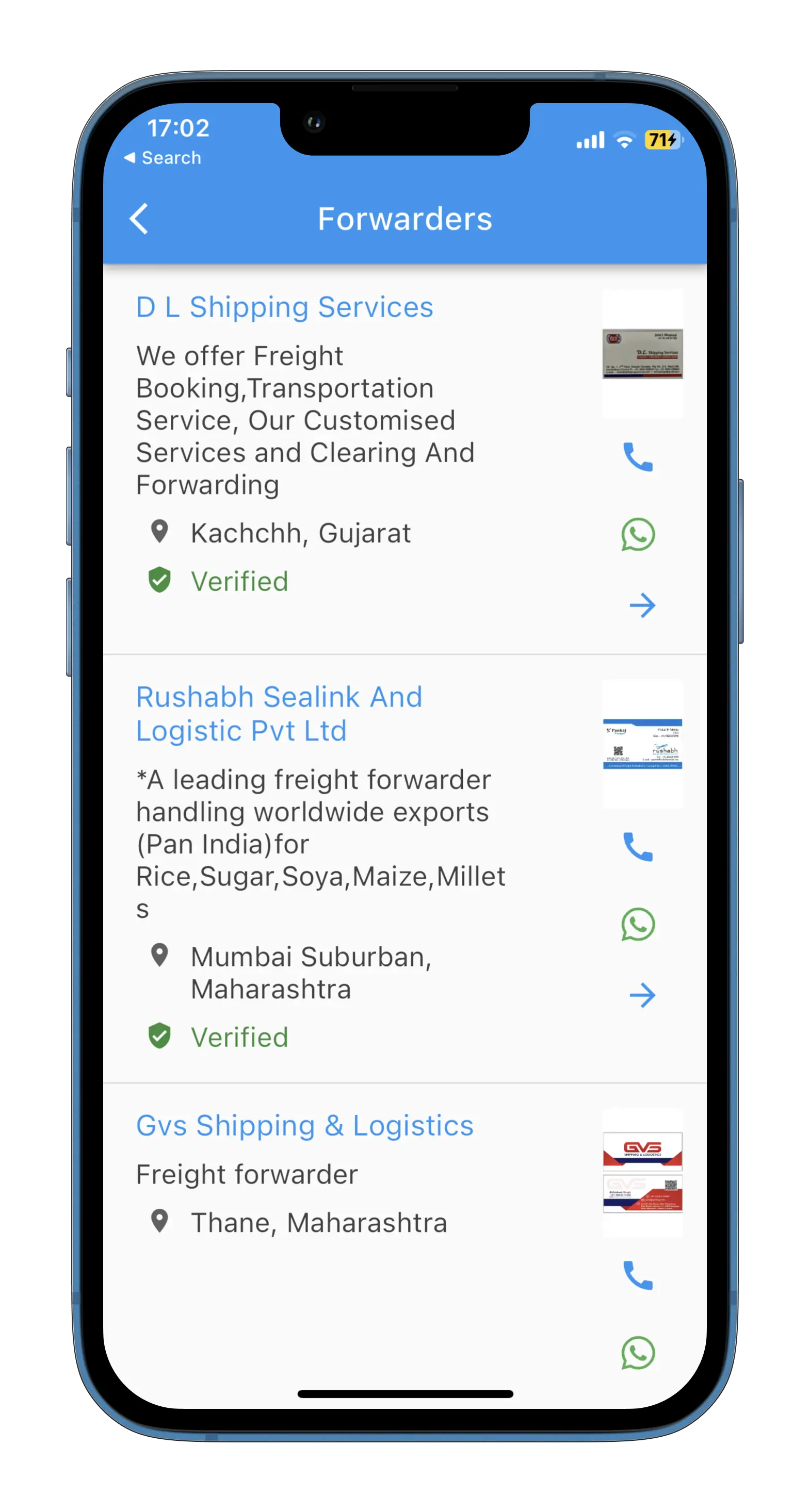 Khoj app shipping screen with logistics partners